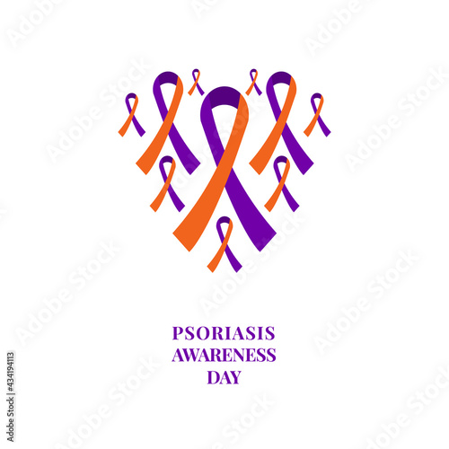 Psoriasis awareness poster with a heart made of ribbons on white background. Purple and orange bows for support and solidarity concept. Psoriatic arthritis disease. Vector illustration.