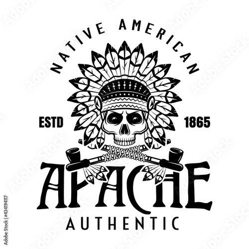 Apache tribe vector vintage emblem, label, badge o logo in monochrome style isolated on white background
