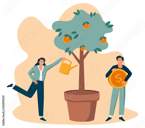 Business investment profit flat vector illustration. Revenue and income metaphor. Businessman and businesswoman characters picking cash from money tree. Investors strategy, funding concept