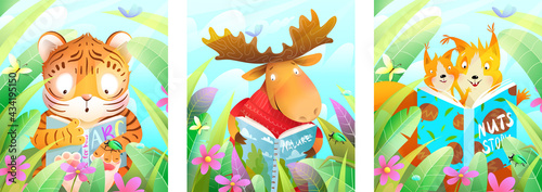 Animals reading a book in the forest among green leaves and grass, studying and learning posters collection. Colorful animal study cartoon for kids and children. Vector in watercolor style.