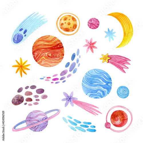 Wallpaper Mural Cute space set with watercolor planets, stars, comets, moon isolated on white background. Torontodigital.ca
