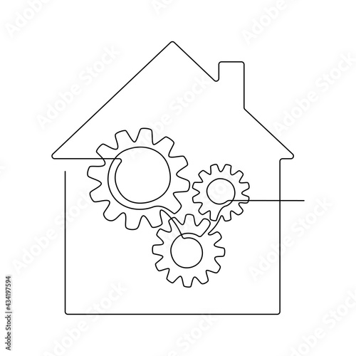 Cogwheels inside House in one line drawing. Smart home concept in minimalistic style and editable stroke. Can used for logo, emblem, slide show and banner. Vector illustration