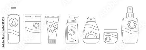 Sunscreen bottles vector line art icon set isolated on white background. Flat design linear tube of sunscreen, after sun lotion with sun sign, sun protection factor SPF. Sun cream with uv protection.