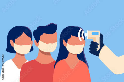 Temperature forehead measurement check with non-contact, infrared thermometer illustration. Caucasian or asian, white ethnicity people waiting while they body temperature is measured.  Vector.