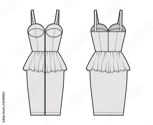 Zip-up peplum bustier dress technical fashion illustration with sleeveless, cups, fitted body, knee length skirt. Flat apparel garment front, back, grey color style. Women, men unisex CAD mockup