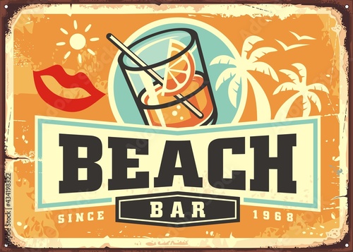 Tropical beach bar sign board design template with cocktail, palm trees, and creative lettering. Retro poster idea for summer vacation paradise destinations. Beach cafe vector advertisement.