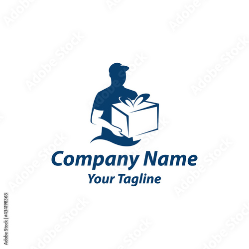 Delivery logo template. Delivery man holding Gift boxes icon. Gift Delivery vector logo.