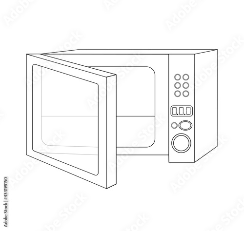 The open microwave is empty, drawn in an outline style. Drawing isolated on a white background. Stock vector illustration.