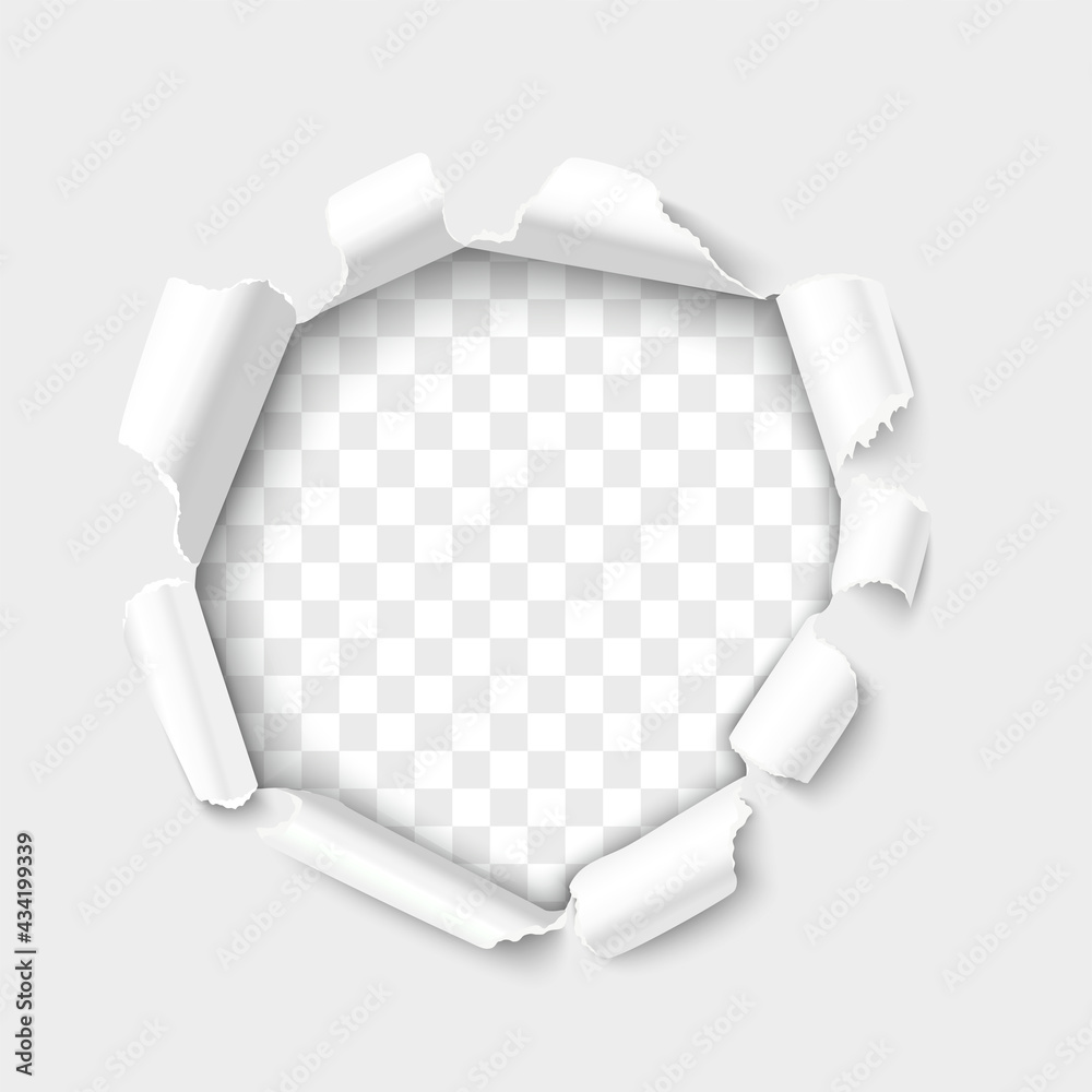 Breakthrough paper hole realistic 3D vector illustration. White paper hole over transparent background - obrazy, fototapety, plakaty 