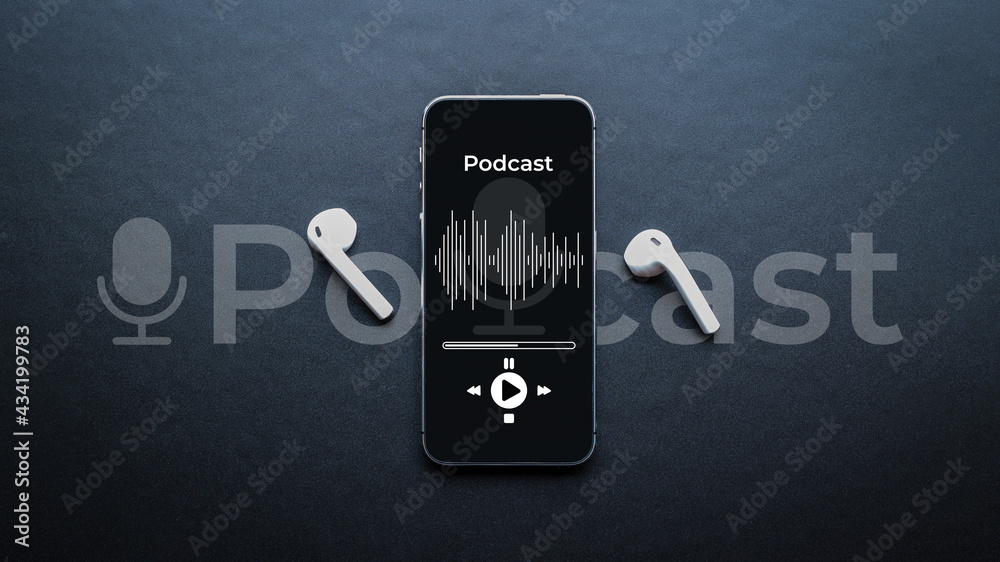 Podcast music. Mobile smartphone screen with podcast application, sound headphones. Audio voice with radio microphone on black background. Broadcast media music banner with copy space.