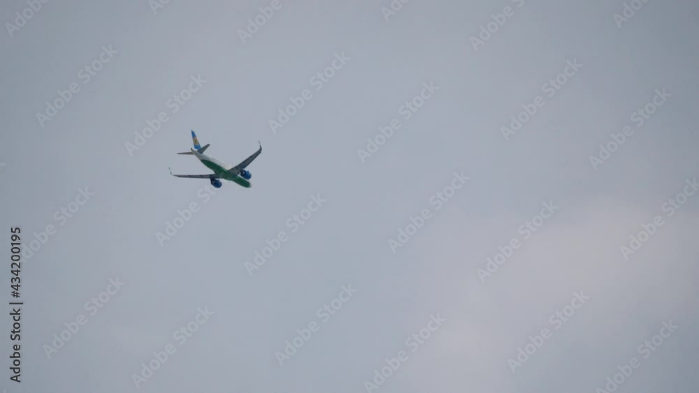 Passenger airliner aircraft plane flying in the sky. Tourist air transportation Passenger airliner aircraft plane flying in the sky. Tourist air transportation