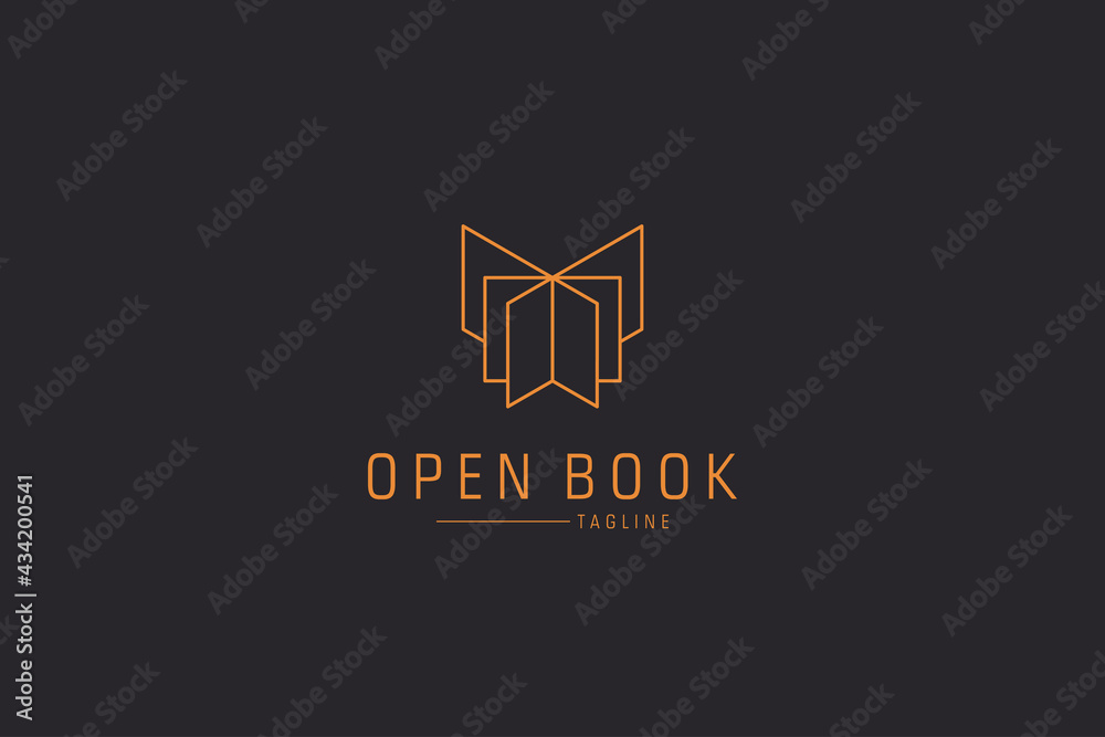Fototapeta premium Modern Open Book Logo Line. Gold Geometric Shapes Linear Style Book Icon isolated on Double Background. Usable for Business and Education Logos. Flat Vector Logo Design Template Element.