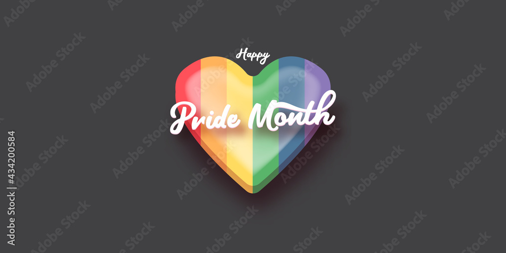 Happy pride month horizontal banner with heart and pride color flag isolated on grey background. Pride month or pride day poster, flyer, invitation party card deign template.