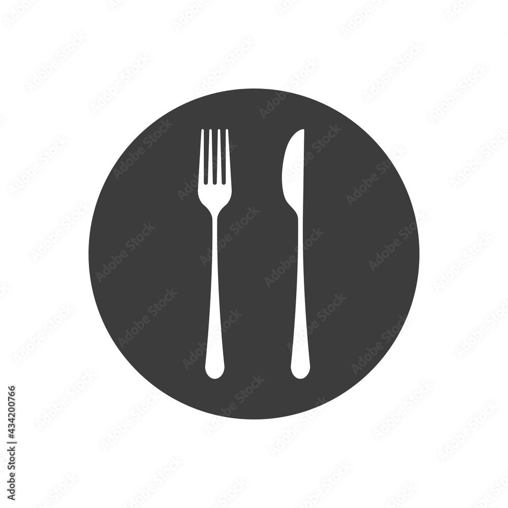 Dishes. Fork, knife and plate icon, menu logo, cutlery silhouette. Vector illustration. Dishes. Fork, knife and plate icon, menu logo, cutlery silhouette. Vector illustration.