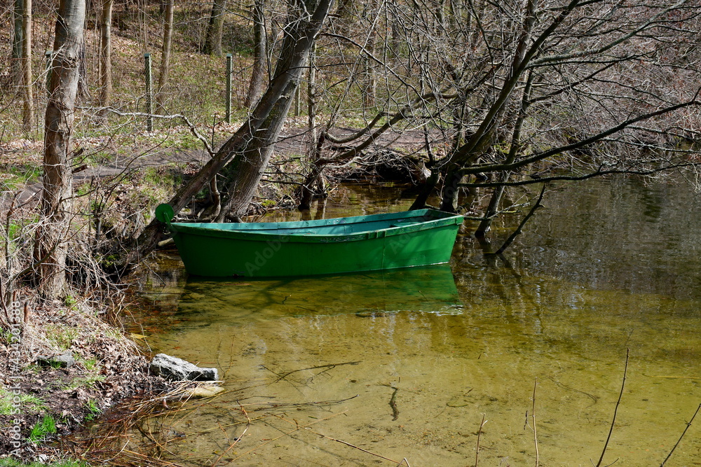 A close up on a small passenger boat made out of wood and plastic located next to the bank of a small river or lake covered with dry leaves, shrubs, and herbs, seen on a sunny spring day in Poland A close up on a small passenger boat made out of wood and plastic located next to the bank of a small river or lake covered with dry leaves, shrubs, and herbs, seen on a sunny spring day in Poland