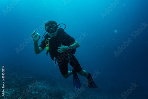 Scuba sign "Ok", "I am Ok", safety check, underwater communication while diving. Ok or ring gesture - connecting thumb and index into a circle and holding the other fingers relaxed away from the palm © Alexandre Patchine