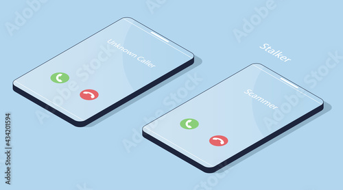 Unknown caller Scammer Stalker. Isometric vector illustration. 3d model smartphone isolated on a blue background. Phone interface with two icons accept or reject a call