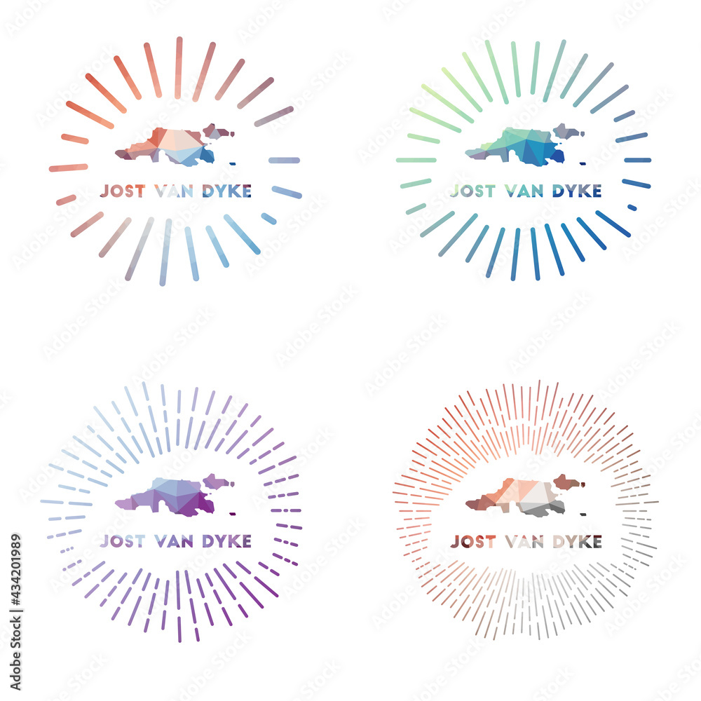 Jost Van Dyke low poly sunburst set. Logo of island in geometric polygonal style. Vector illustration. Jost Van Dyke low poly sunburst set. Logo of island in geometric polygonal style. Vector illustration.