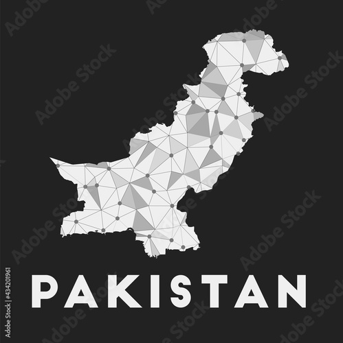 Pakistan - communication network map of the country. Pakistan trendy geometric design on a dark background. Technology, internet, network, telecommunication concept. Vector illustration.