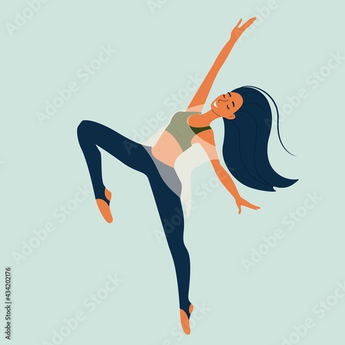 Young girl dancing modern dance, dancer in graceful pose, female character in cartoon style, vector illustration, isolate.
