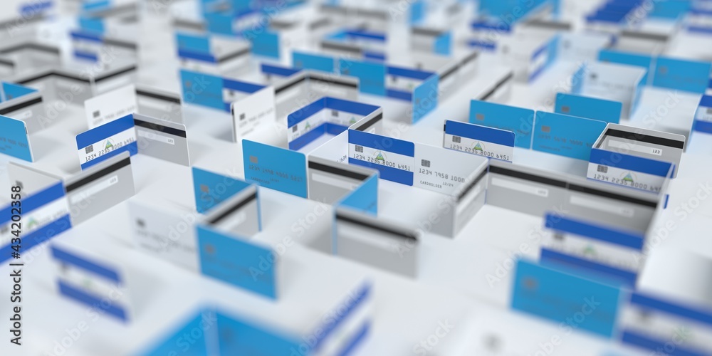 Fictional credit card maze with flag of Nicaragua. Financial difficulties related 3D rendering