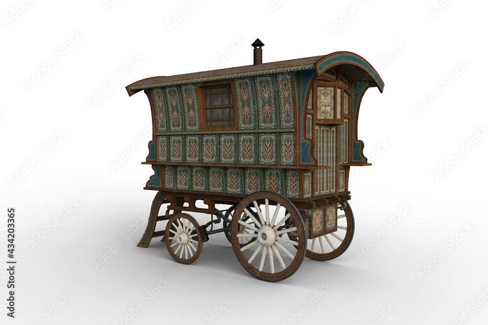 Rear coner view 3D rendering of a turquoise and green Romany gypsy caravan isolated on white. - obrazy, fototapety, plakaty 