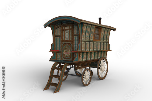 3D rendering of a vintage Romany gypsy caravan decorated with turquoise and green flowers isolated on white. photo