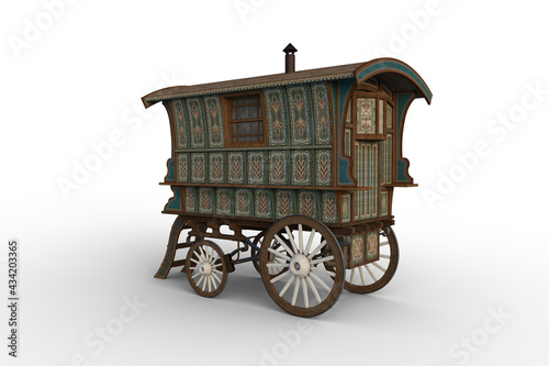 Rear coner view 3D rendering of a turquoise and green Romany gypsy caravan isolated on white. photo