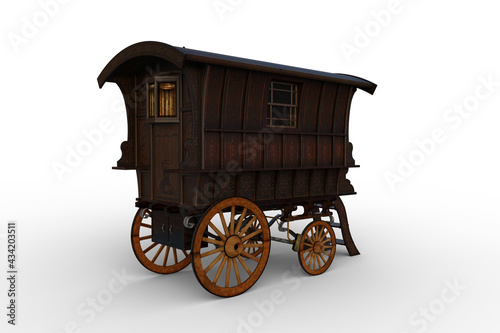 Rear view 3D rendering of a vintage wooden Romany gypsy caravan isolated on white.
