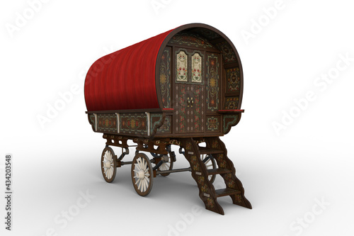 3D rendering of a traditional Romany gypsy caravan with red roof isolated on white.