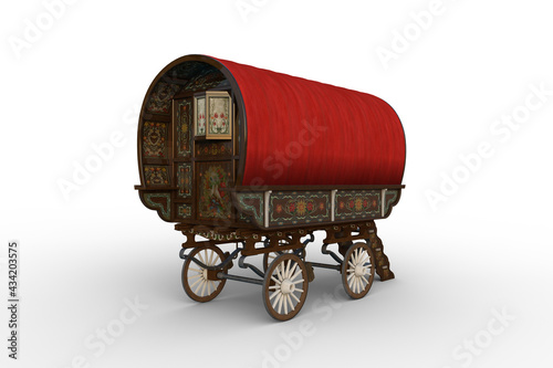 Rear view 3D rendering of a traditional red roofed Romany gypsy caravan isolated on white. photo