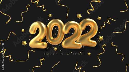 3D Realistic inscription balloon 2022 and golden serpentine on black background. Gold metallic text new year for banner design. Vector