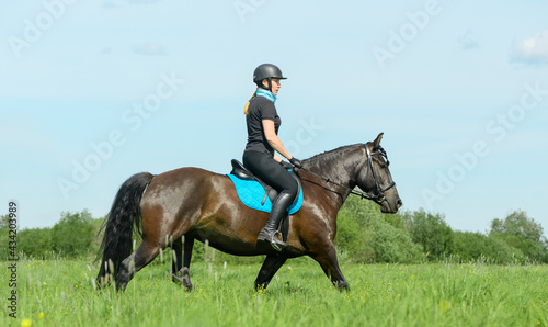 Caucasian female horse rider is in a field, side view.