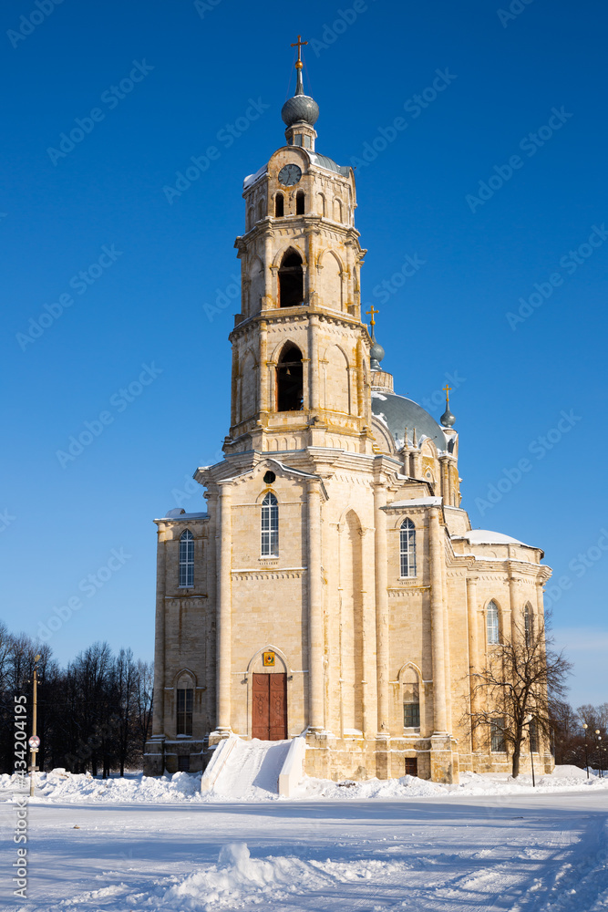 Winter view ancient church of the Lifegiving Trinity in the village of Gus Zhelezny, Russia...