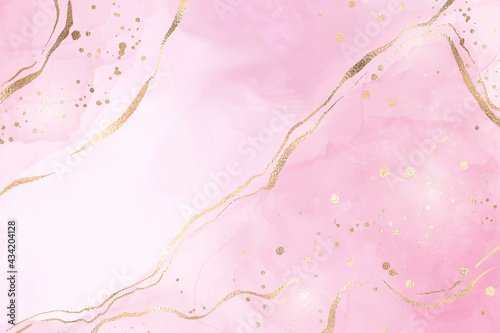 Abstract pink liquid watercolor background with golden stains and lines. Pastel rose marble alcohol ink drawing effect with gold foil. Vector illustration design template for wedding invitation