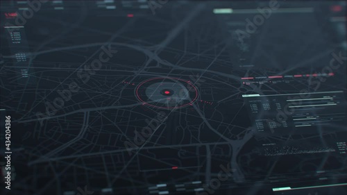 Security spy program interface. Dynamic modern HUD. GPS location tracking or scanning futuristic software. Marker, indicator moving on the map. Satellite view. Hi-tech. 3D Render 4K animation concept