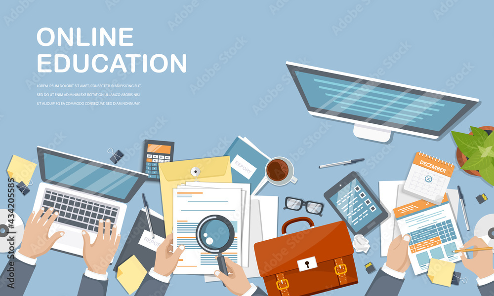 Fototapeta premium Concept illustration of online courses, distance studying, self education, digital library. E-learning banner. Online education. Vector illustration in flat style