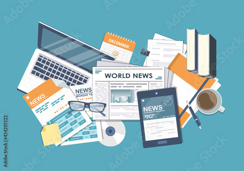Vector illustration. Flat header. Online news. Newsletter and information. Business and market news. Financial report and coffee on table