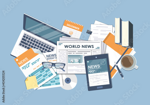 Vector illustration. Flat header. Online news. Newsletter and information. Business and market news. Financial report and coffee on table