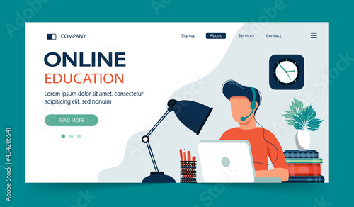 Concept illustration of online courses, distance studying, self education, digital library. E-learning banner. Online education. Vector illustration in flat style