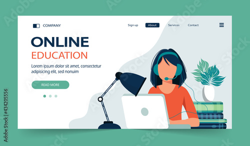 Concept illustration of online courses, distance studying, self education, digital library. E-learning banner. Online education. Vector illustration in flat style