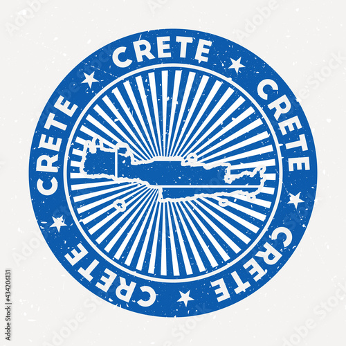 Crete round stamp. Logo of island with flag. Vintage badge with circular text and stars, vector illustration.