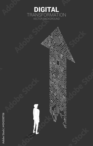 Silhouette of businessman standing with the arrow dot connect circuit board style. concept of digital transformation of business.