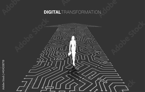 Silhouette of businesswoman standing on the arrow dot connect circuit board style. concept of digital transformation of business.
