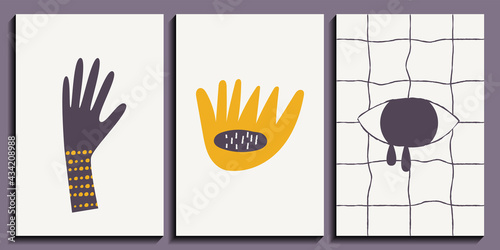 Minimalist art posters set with hand, eye and abstract plant. Abstract aesthetic in contemporary illustration. Modern cover set in mid century style.