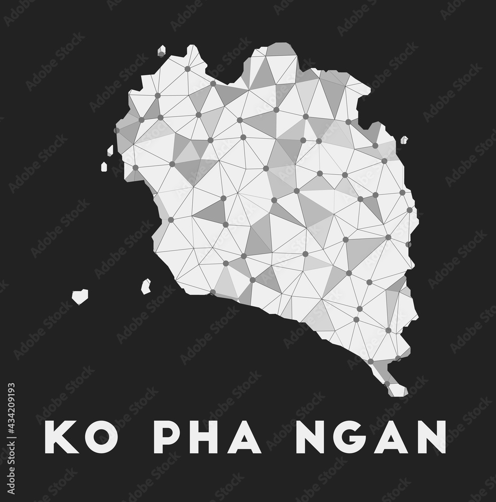 Ko Pha Ngan - communication network map of island. Ko Pha Ngan trendy geometric design on dark background. Technology, internet, network, telecommunication concept. Vector illustration. Ko Pha Ngan - communication network map of island. Ko Pha Ngan trendy geometric design on dark background. Technology, internet, network, telecommunication concept. Vector illustration.