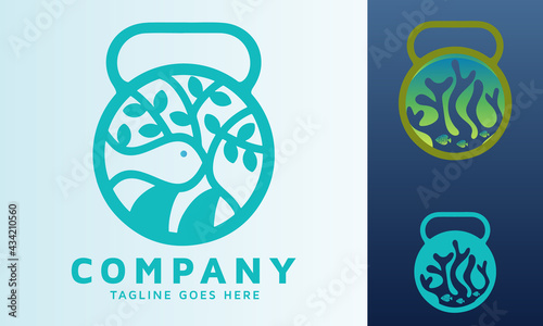 environmental and educational marine park with dumbbell and fitness icon vector logo design.