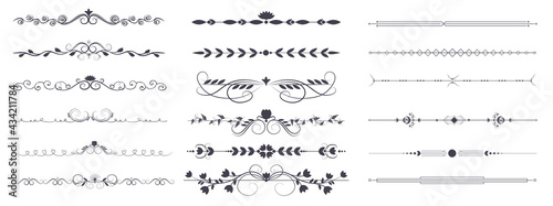 Divider ornament is a large collection set. Hand-drawn vector line dividers decorated with flowers and leaves. Decorations for greeting cards and posters. Vector illustration, isolated set