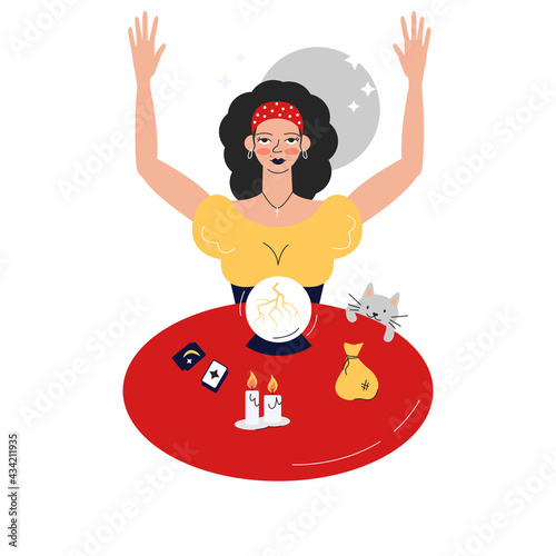 Pretty gypsy young woman seeing and predicting future. Female fortune teller with tarot cards, crystal ball, cat, pouch and candles. Mystic woman oracle with arms up. Vector flat illustration isolated