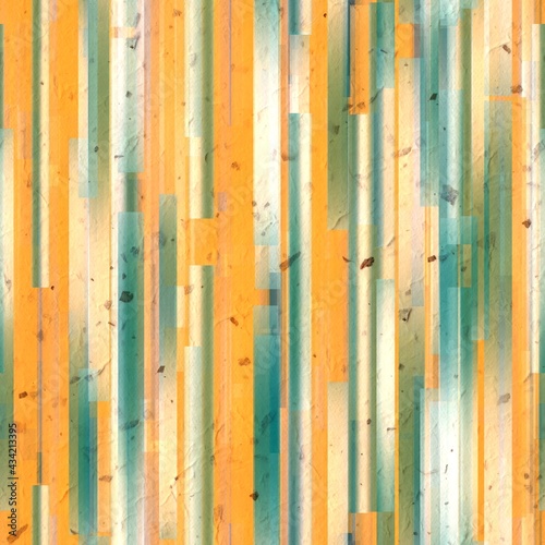 Seamless overlaid vertical stripes of paper. Geometric shape pattern print. High quality illustration. Transparent rectangles filled with gradient colors scattered. Handmade paper texture overlay. © NinjaCodeArtist
